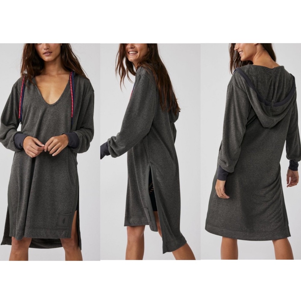 Free People Movement Feel Good Layer Longline Hoodie Charcoal Heather Large NEW
